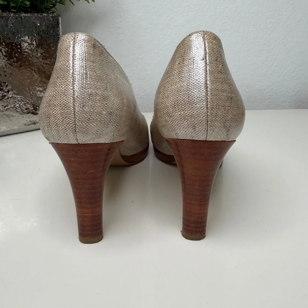 Stuart‎ Weitzman Pumps Womens Gold Metallic Linen Stacked Heel Classic 8M